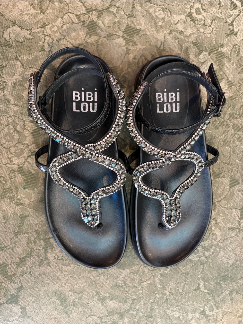 Bibi Lou Black Jeweled Women's Sandals with Ankle Strap, size 5.5-6 Narrow